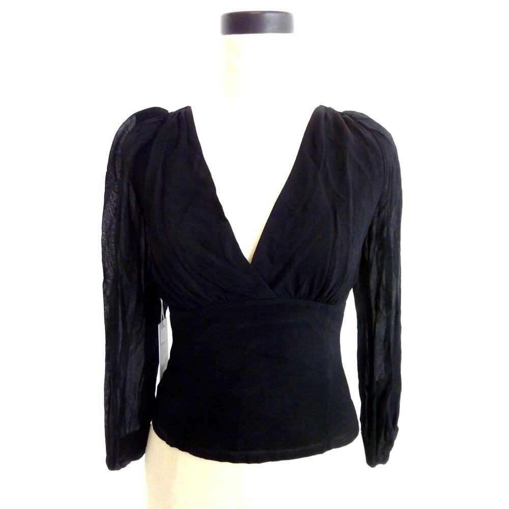 NWT Reformation Black Sheer Sleeve Open Back V-Neck Blouse Size 4 Viscose
